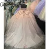 Pink Princess Quinceanera فساتين قبالة الكتف الدانتيل الدانتيل مشد الكرة فوق ثوب الكرة الحلو 16 17 عيد ميلاد Vestidos de 15