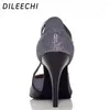 Dance Shoes Dileechi Marka Latin Bayanlar Siyah Gri Deri Sizli Yüksek Topuklu 10 cm Topuk Balo Salonu Dans