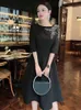 Luxury Diamonds Black Party Dress Women Elegant 2024 Designer tre kvart ärm i form formell tillfälle klänning casual vestidos vår mode ny