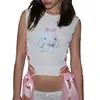 Women's Tanks WhereMery Sexy Side Cross Bandage Rib Tank Top Y2K Kawaii Cartoon Graphic Sleeveless Crop Tops 2024 Summer White O-neck