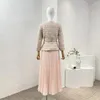 Arbetsklänningar 2024 Spring Top Quality Pink Belted Paljett Sparkle Tweed Pleated Chiffon Midi Women Elegant Dress