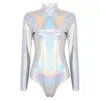 Kvinnors badkläder Kvinnor i ett stycke Shiny Metallic Glossy Turtleneck Långärmar Ballet Gymnastiska Leotards Bodysuits Kvinnliga klubbkläder