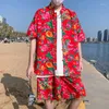 Tils-trajes masculinos Summer Northeast Big Flower Camisa de estilo chinês de mangas curtas Praça de praia Terno de 2 peças