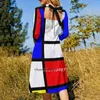 Casual jurken Mondrian flare jurk vierkante nek elegante vrouwelijke mode bedrukte pietcompositie beroemd rood geel blauw