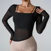 Active Shirts Yoga Clothing Women Mesh Patchwork Long Sleeve Pilates Workout T-shirt Built-in Fixed Chest Pad Fitness Top Breathable