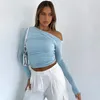 Women's T Shirts BOOFEENAA Asymmetric One Shoulder Long Sleeve Crop Top Basic White Tshirt Y2k Fitted Tops Women Trendy Clothes Wholesale