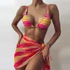 Ensembles de bikinis à imprimé patchwork à rayures à rayures pour femmes pour adolescents maillot de bain trois pièces de soutien-gorge rempli de soutien-gorge