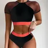 Frauen Badebekleidung sexy Mesh Patchwork Bikini High Taille Tankini Badeanzug O-Neck Trend 2 Stück Frauen Strand Outfit Badeanzug Bikinis Set