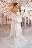 Sexy See Through Tulle A Line Wedding Dresses With Puffy Long Sleeves Floral Lace Bridal Gowns Off Shoulder Sweep Train Bride Wedding Shower Robes de Mariee CL3498