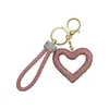 Keychains Lanyards Creative Hollow out Ceramic Clay Full Diamond Love Key Chain Leather Rope Sticking Water Diamond Car Key Pendant Simple d240417