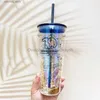 water bottle Starbucks 10th Anniversary Cool Black Glass Mugs Double Straw Cups Coffee Cup Summer Cold Drink Ice Mug271Y L48