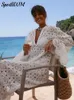 V Neck Crochet Hollowed Out Flare Sleeve Midi Dres Loose See Through Vestidos 2024 Sexy Party Beach Vacation Female Robes 240409