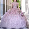 ピンクの光沢のあるQuinceaneraドレスオフショルダーボールガウンアップリケレースビーズスパンコールTull Sweet 15 16ドレスVestido de 15 Anos