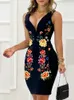 Casual Dresses Sexig Lady Deep V Neck Bodycon Summer Backless Sleeveless Women Fashion Print Slim Short Party Dress 2024Vestidos