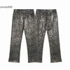 2024 Summer New Trendy Brand Leopard Pattern Laser Shining Gold Leisure Micro Elastic Jeans for Men and Women