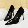 Dress Shoes BIGTREE Square Button Rhinestones Decoration Pumps Women High Heels Fashion Wedding Stiletto Sexy Party Stripper Female