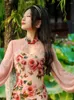 Abiti casual 2024 Stile cinese primaverile Retro Elegante abito rosa rosa Vintage Cheongsam Midi French Hollow Out Party Vestidos