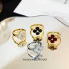 High End designer rings for vancleff New V Gold Lucky Clover Series Ring Womens Full Diamond Agate Natural White Shell Ring Original 1:1 With Real Logo