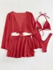Dames badkleding 4 stks rode bikini's sets vrouwen mesh lange mouw deksel met rokzwempak 2024 zomer push strand badpak string