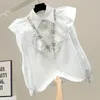 Women's Blouses Blusas Mujer De Moda 2024 Turn Down Collar Solid Color Long Sleeve Heavy Diamonds Single-breasted Ruffles Shirts