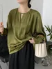 Women's Blouses Elegant Green Satin Shirts Hollow Long Sleeved Shirt Loose Folded Raglan Top