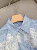 Spring Summer Blue Striped Print Panelled Lace Cotton Dress Short Sleeve Lapel Neck Midi Casual Dresses W4A164283