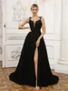 Robes de fête Shiyicey Lace Elegant Black Tulle Wedding A-Line Backless Long Side Split Rangs Split Gowns Applique Fleur à la main