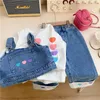 Kledingsets 3-delige set voor de lente en herfst 2024 Modieuze meisjes denim band top brede been pant heart bodem shirt