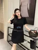 New short round waist chain T-shirt war horse embroidery logo new sleeve collar dress waist pull-down detachable one-piece two-wear women's clothing