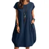 Summer Fashion Womens Large Size Comfortable Holiday Cotton And Linen Pocket Dress