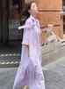 Günlük Elbiseler Lanmrem Kadınlar İçin Uzun Elbise Yakası Kısa Kollu Tek Kesin Kelime Kırılmış Düz Renk Gevşek 2024 Yaz Giyim 2Z1064