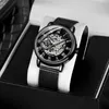 Armbandsur Forsining Classic Retro Mechanical Watches Luminous Hands Luxury Skeleton Watch for Men Black Mesh rostfritt stål Rem klocka