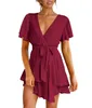 robe de designer femme robe d'été vêtements de luxe femmes à la mode et sexy couleur unie solide lanterne à manches longues à manche en V robe à lacets à lacets avec jupe complète