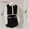 Sukienki robocze Spring Korean Chic Vintage Polo Neck Biała koszula z długim rękawem Kamizelka Kontrast Krótka Krótka spódnica Trzyczęściowa spódnica dla kobiet