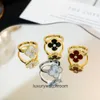 High -end designerring voor Vancleff vier bladgrasring V Gold verguld goud met diamanten natuurlijke witte fritillaria rode jade enkele bloemring vrouwelijk origineel 1: 1 logo