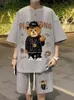 Summer Man Tracksuit Cartoon Streetwear Hip Hop Rock Casual Short Suit Cool Bear Printed Waffle T Shirts Shorts 2 Piece Set 240412