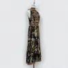 Designer dress, silk black print, sleeveless diamond inlay, noble ribbon stand up collar vest, long dress trend 2024