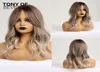 Syntetyczne peruki długie faliste z grzywką platynowe blond włosy Ombre dla kobiet afro cosplay naturalny codzienny odporny na ciepło 6222630