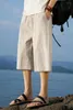 Herrbyxor 2024 Summer Chinese Linen Cotton Casual Shorts Style Seven-Minute