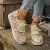 Sapatos casuais com tênis de salto baixo fêmea 2024 Autumn de alta qualidade Lace-up Ladies Floral Mixed Colors Round toed Feminino Vulcanize