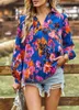Kadın bluzları İlkbahar/Yaz Boyalı V Boyun Gevşek Uzun Kollu Gömlek