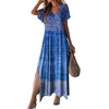 Casual Dresses Beach Dress Bohemian Style Semester Maxi med 3D -tryckningsslösta för sommarkvinnor Löst V -hals Korta ärmar plus storlek