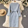 Work Dresses Women Autumn Elegant Office OL Tweed 2pcs Sets V-Neck Plaid Woolen Tops Patchwork Beaded Slim Dress Costume Suits