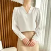 Blouses feminina Mulheres Moda Elegante blusa de seda elegante Camisa casual de decote em V Spring SMERGEM MULHER MULHER INLAIDA PARELA TOP