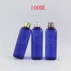 Opslagflessen 100 ml blauwe vierkante plastic fles met aluminium dop 100cc make-up onderbotteling toner / lotion reisverpakking