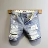 Summer Light Blue Ripped Cat Whisker Patch Letter Print Slim Denim Shorts Teenagers Jeans Boys and Girls Cowboy Short Pants 240402