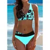 Kvinnors badkläder Cross Contrast Color Bikini Women 2024 Summer V-Neck 2-Piece Swimsuit Flower Print Beach Backless Bathing Suit Y242