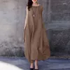 Casual klänningar 2024 Kvinnors sommarfast överdimensionerad klänning ärmlös o-hals sidofickor maxi sundress vintage kaftan strand vestido 5xl