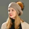 Boinas jaxmonoy inverno boina feminina chapéu grande guaxinim de pompom pompom boina de lã de caxemira de peles de peles