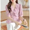 Blouses feminina Summer Solid Color Pullovers de decote em V Moda Slim Slim parece fino Manga curta Tops de chiffon de manga curta